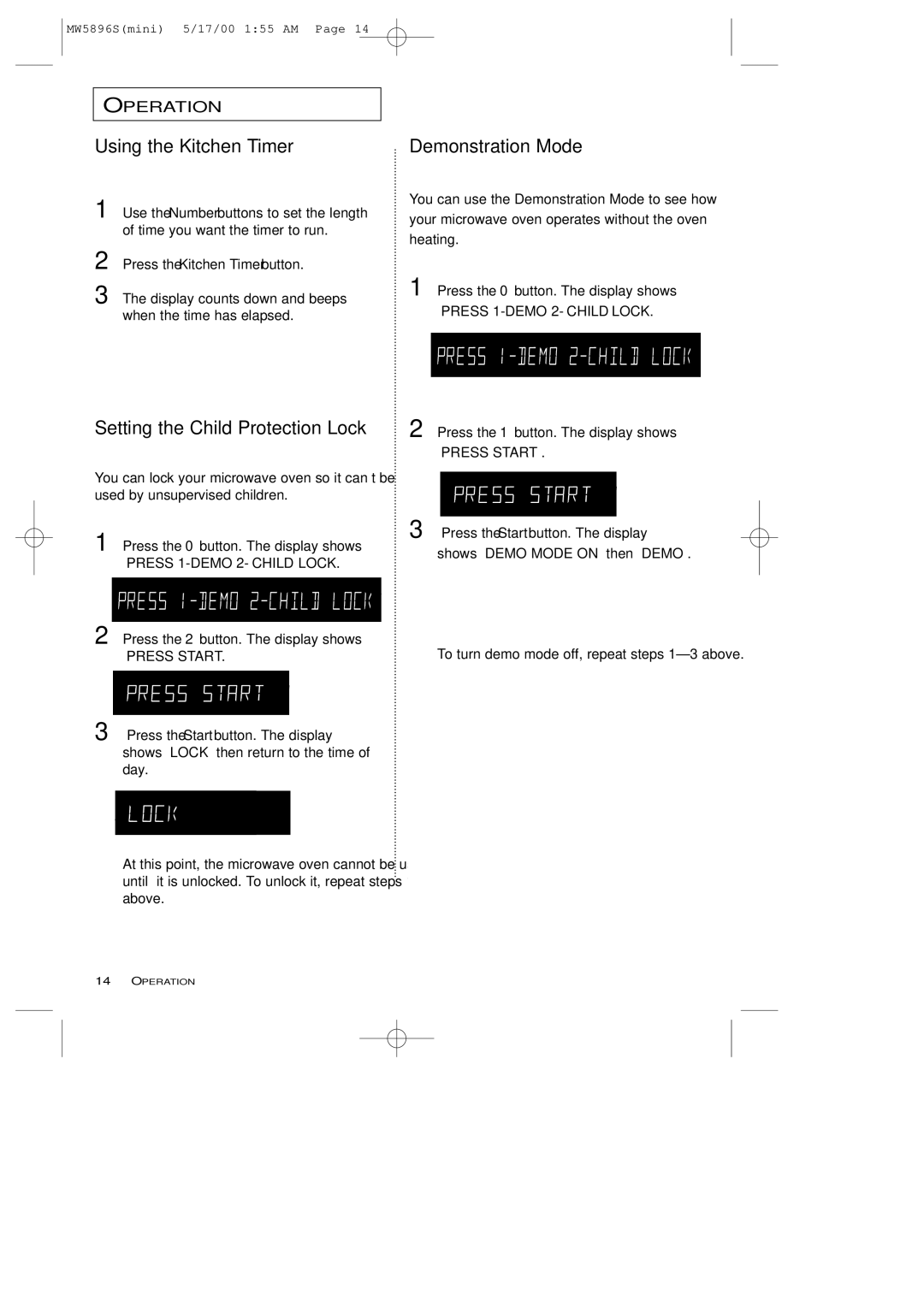 Samsung MW5892S owner manual Using the Kitchen Timer, Setting the Child Protection Lock, Demonstration Mode 