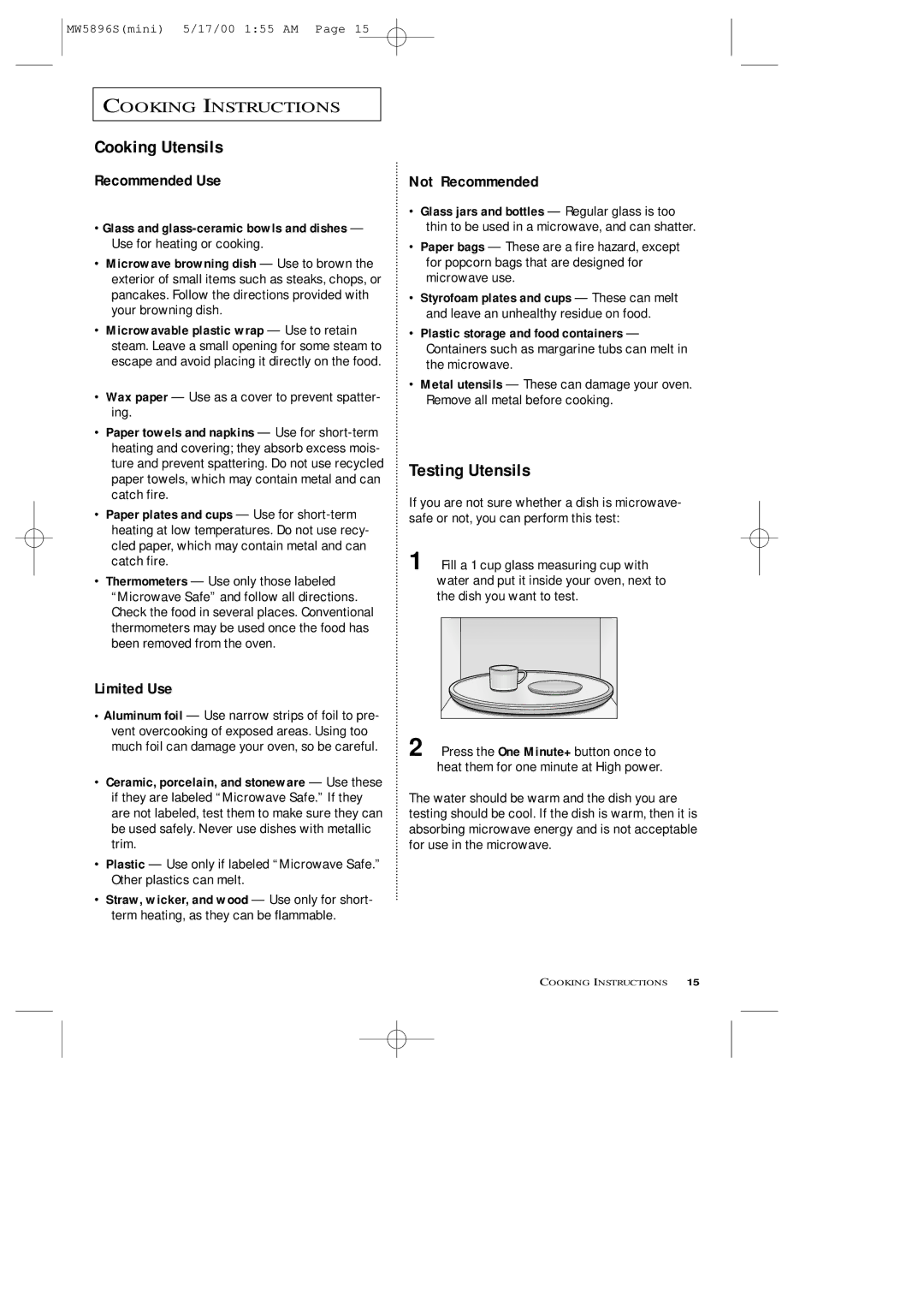 Samsung MW5892S owner manual Cooking Utensils, Testing Utensils, Wax paper Use as a cover to prevent spatter- ing 