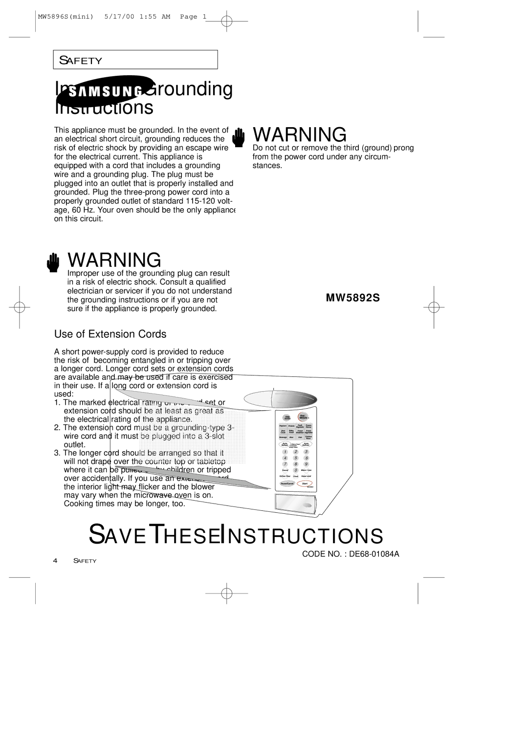 Samsung MW5892S owner manual Important Grounding Instructions, Use of Extension Cords 