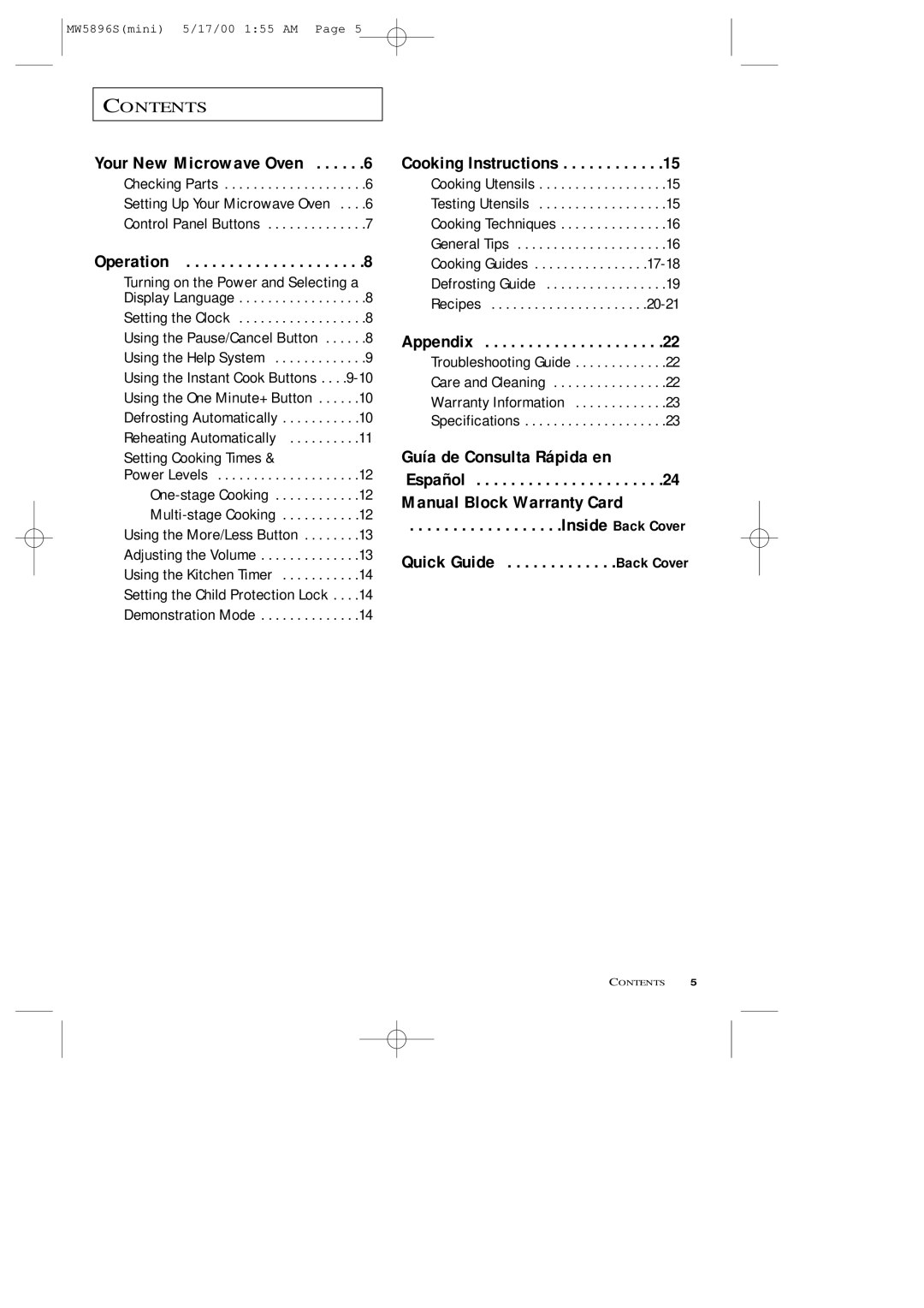 Samsung MW5892S owner manual Your New Microwave Oven, Operation, Cooking Instructions, Appendix, Guía de Consulta Rápida en 