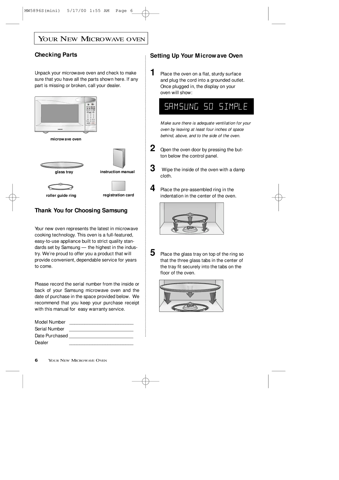 Samsung MW5892S owner manual Checking Parts, Setting Up Your Microwave Oven, Thank You for Choosing Samsung 