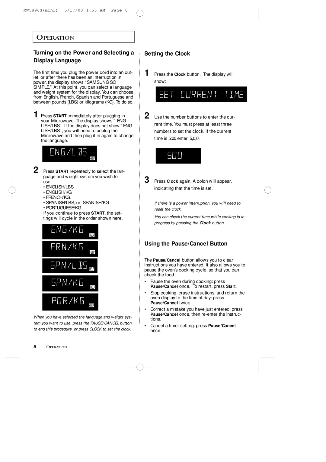 Samsung MW5892S Turning on the Power and Selecting a Display Language, Setting the Clock, Using the Pause/Cancel Button 