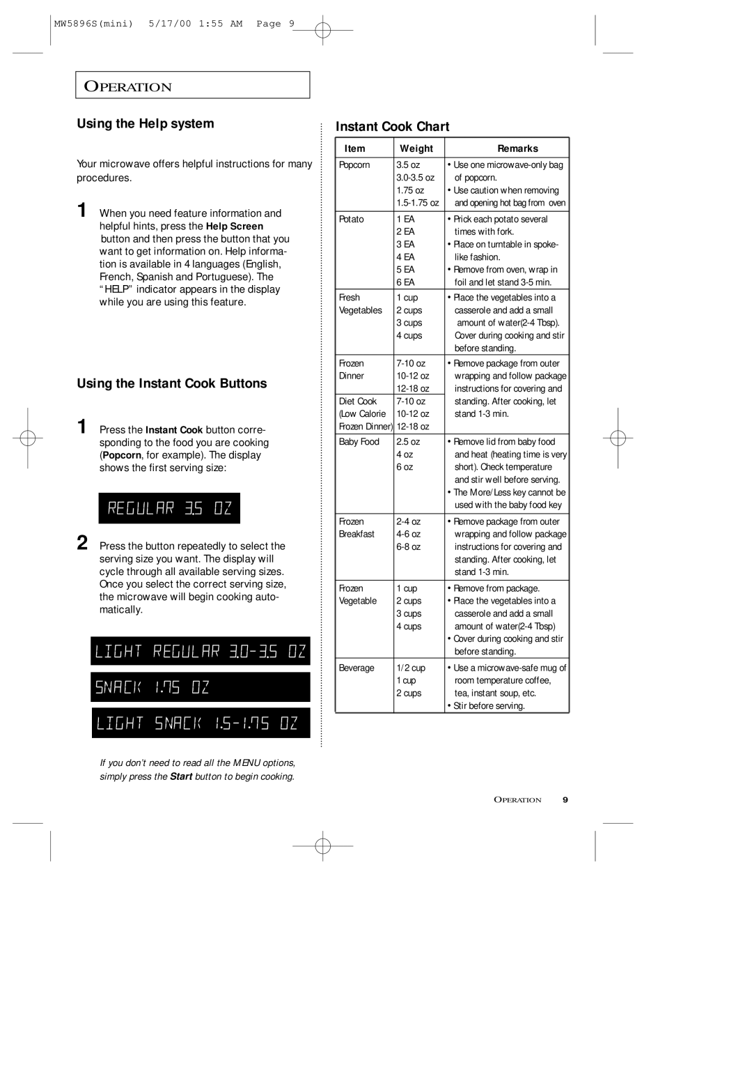 Samsung MW5892S owner manual Using the Help system, Using the Instant Cook Buttons, Instant Cook Chart 