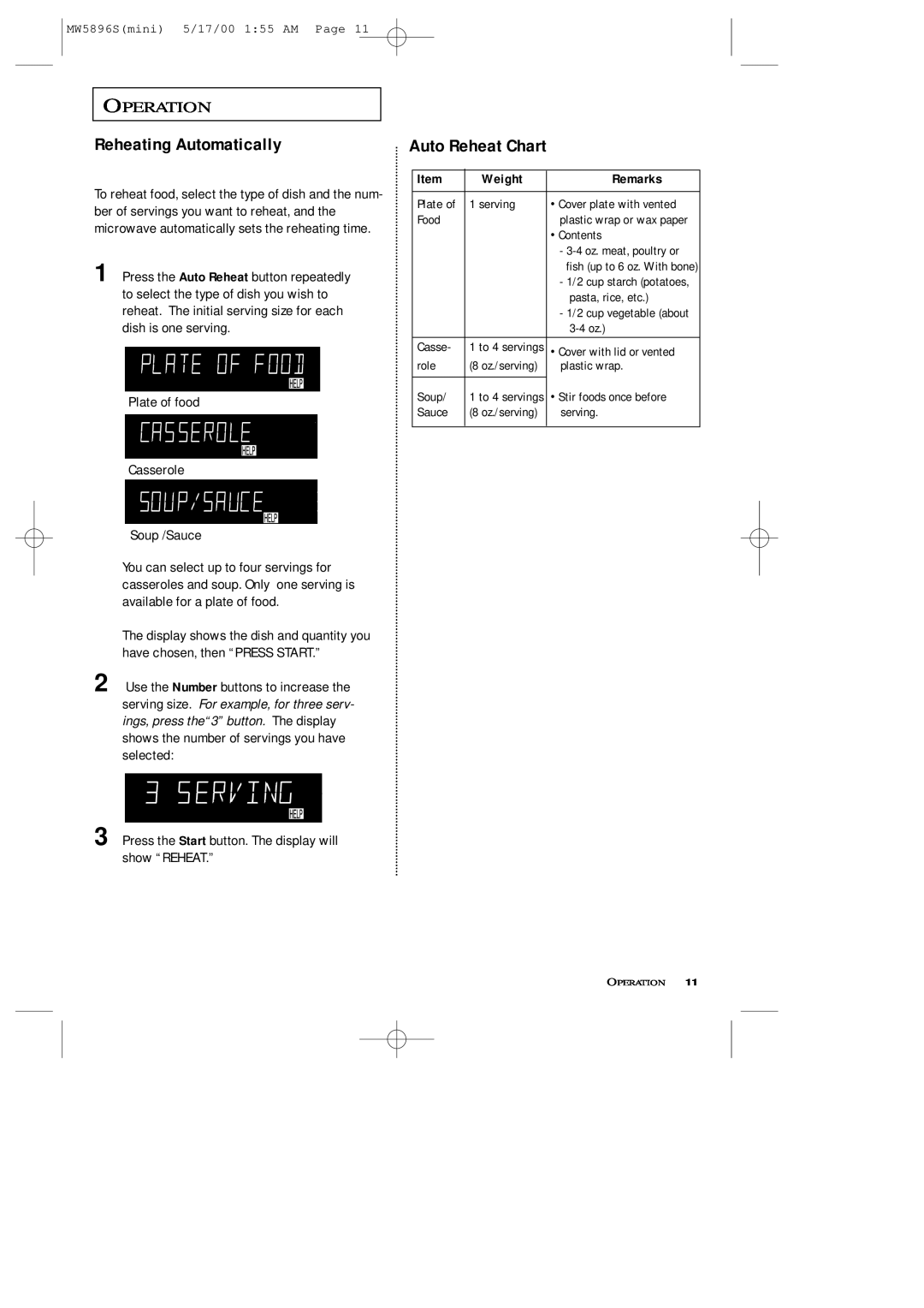 Samsung MW5892S owner manual Reheating Automatically, Auto Reheat Chart, Operation 