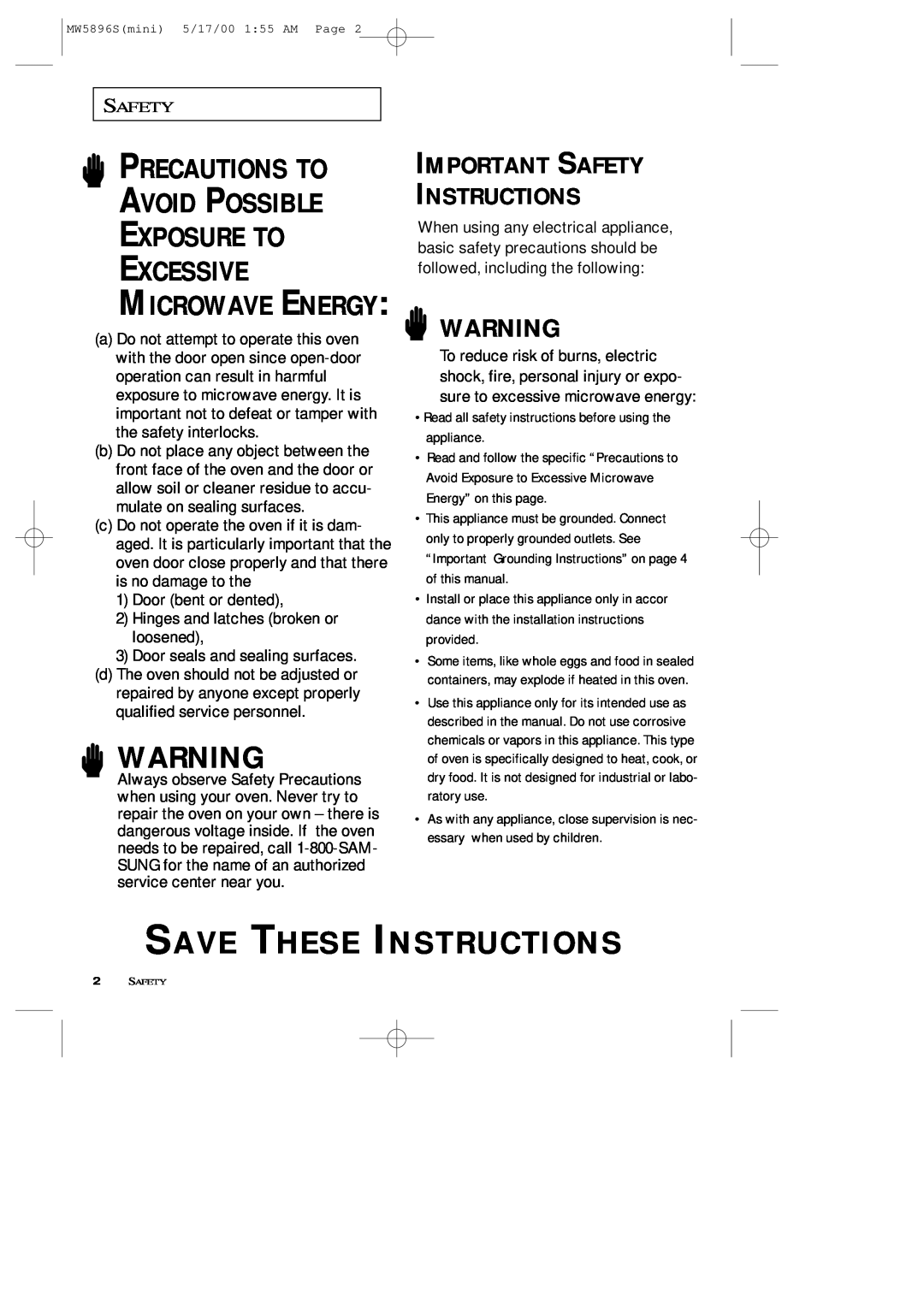Samsung MW5892S Save These Instructions, Precautions To Avoid Possible Exposure To, Excessive, Microwave Energy 