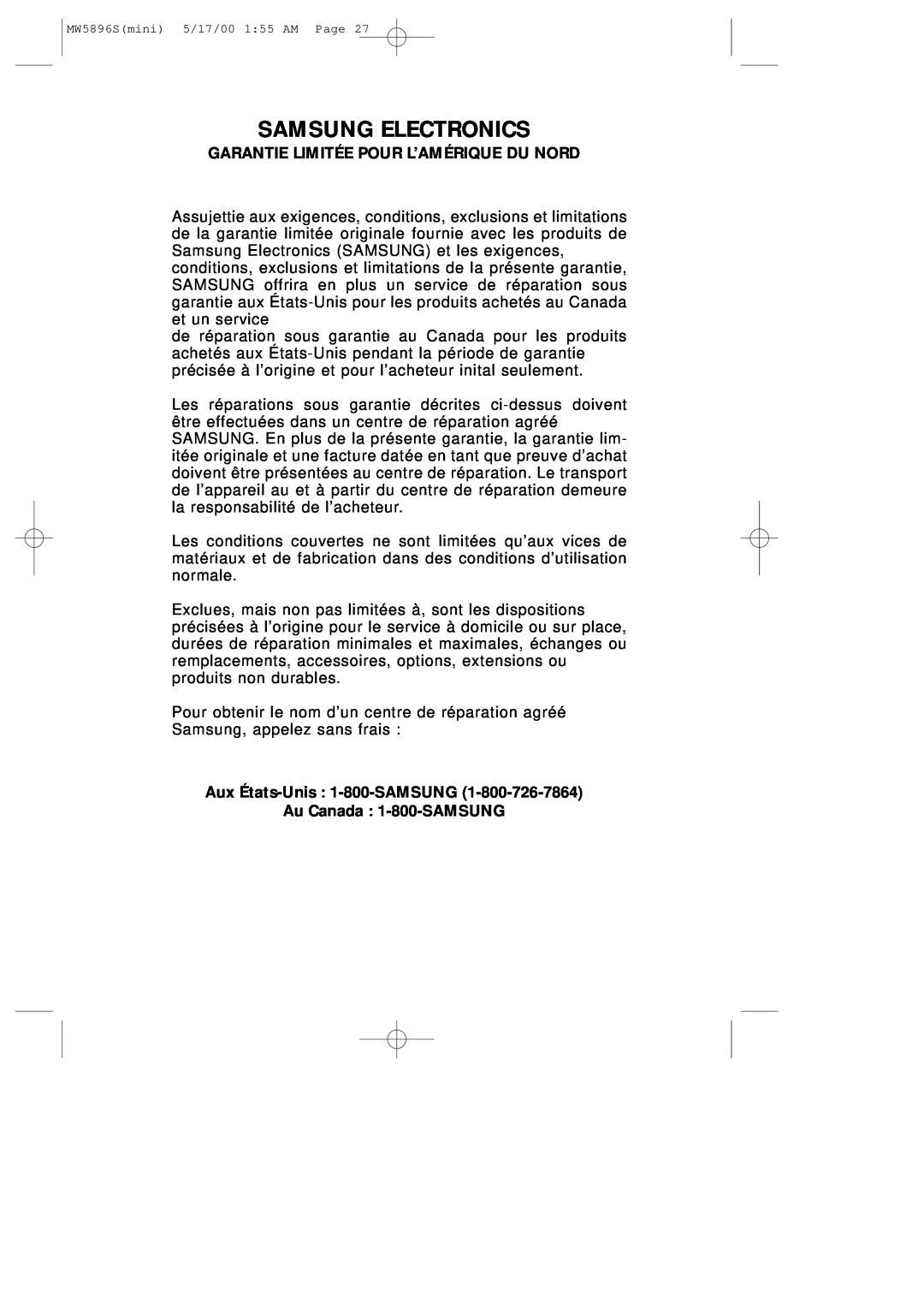 Samsung MW5892S owner manual Garantie Limitée Pour L’Amérique Du Nord, Samsung Electronics 