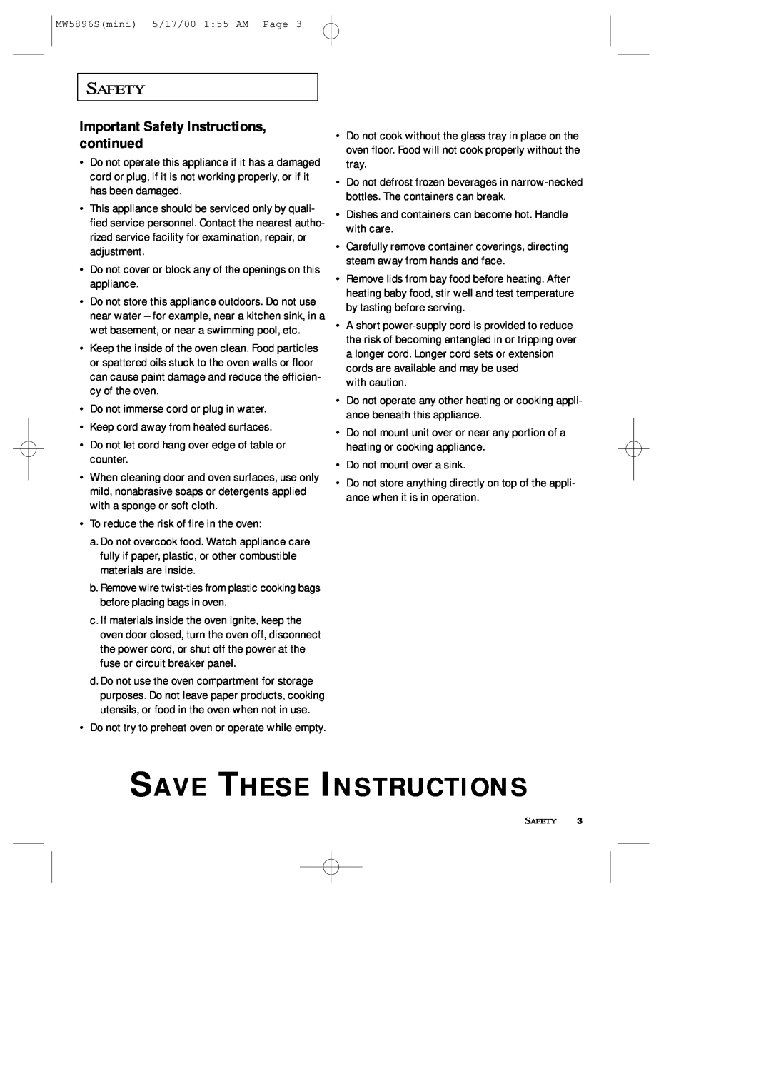 Samsung MW5892S owner manual Important Safety Instructions, continued, Save These Instructions 