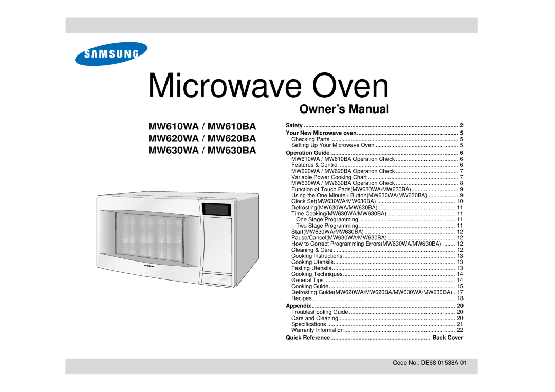 Samsung MW630BA, MW610WA, MW610BA, MW620WA, MW630WA, MW620BA manual Microwave Oven 