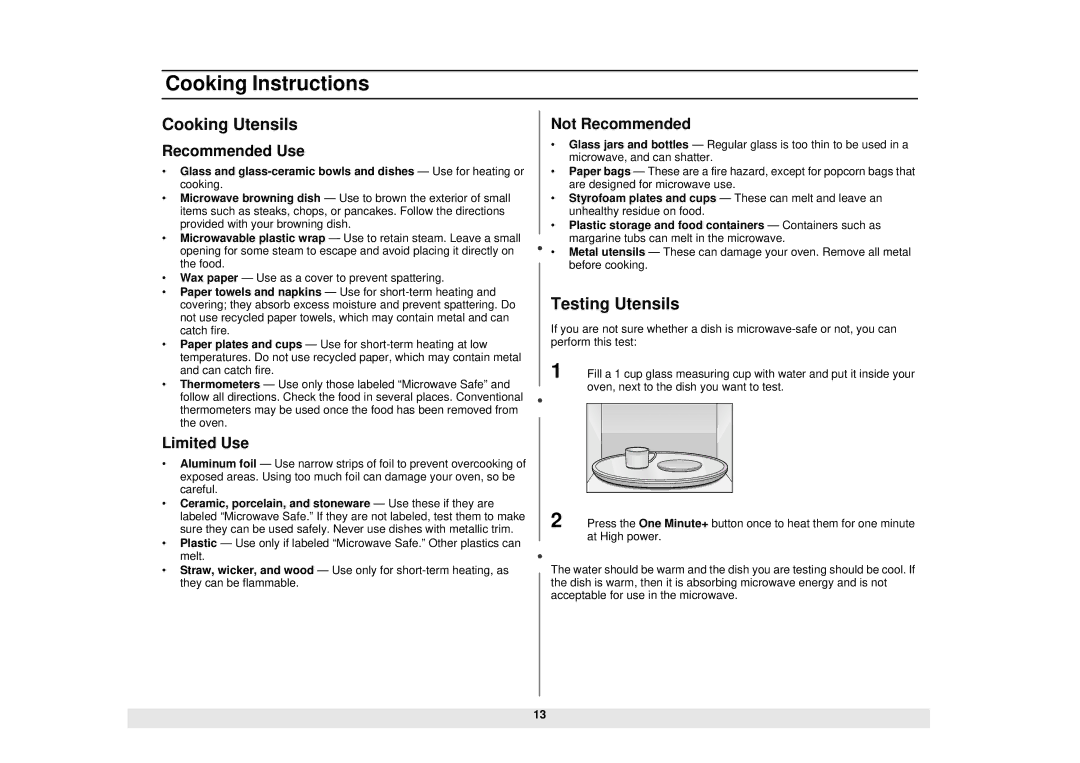 Samsung MW630BA, MW610WA, MW610BA, MW620WA, MW630WA, MW620BA manual Cooking Instructions, Cooking Utensils, Testing Utensils 