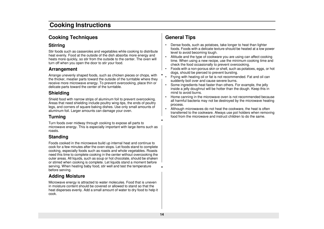 Samsung MW610BA, MW610WA, MW630BA, MW620WA, MW630WA, MW620BA manual Cooking Techniques, General Tips 