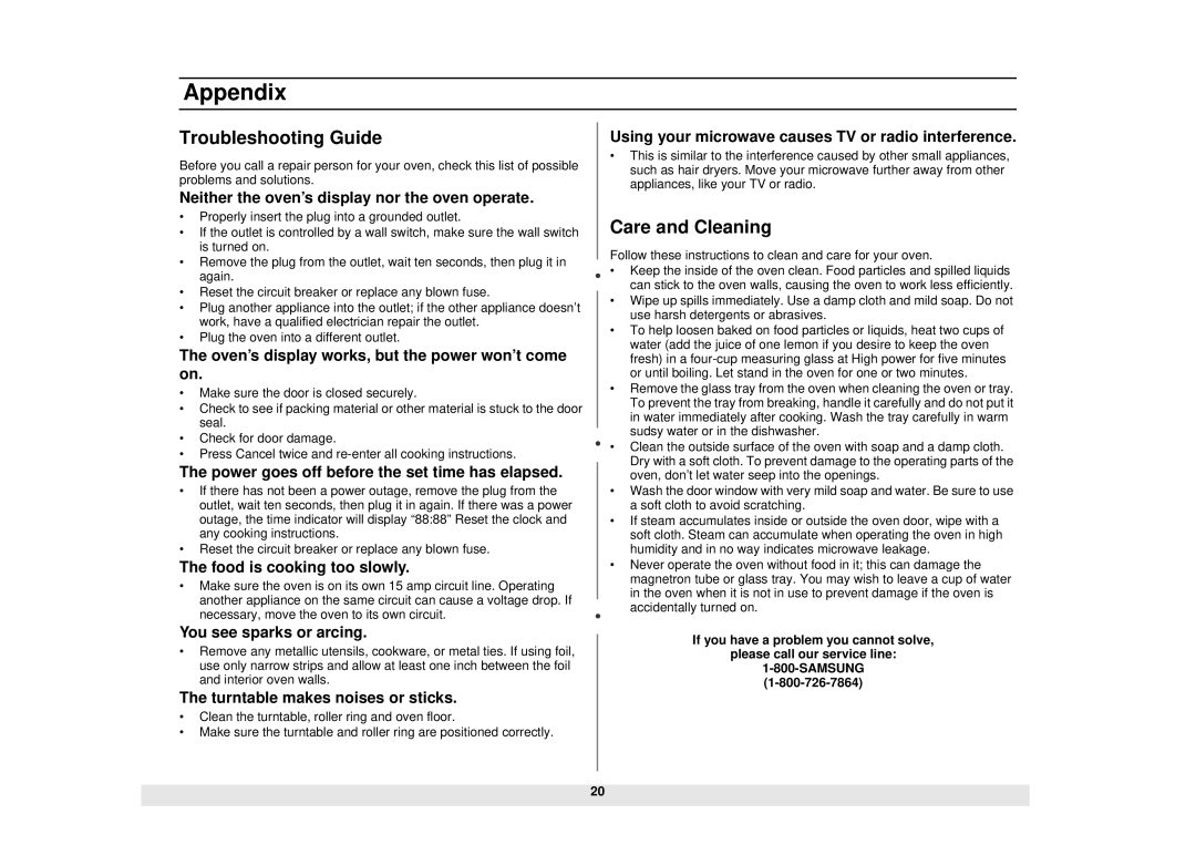 Samsung MW610BA, MW610WA, MW630BA, MW620WA, MW630WA, MW620BA manual Appendix, Troubleshooting Guide, Care and Cleaning 