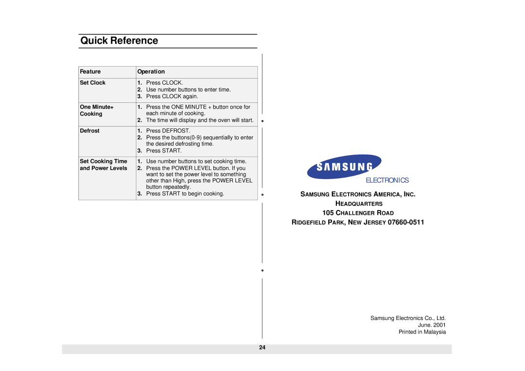 Samsung MW610WA, MW630BA, MW610BA, MW620WA, MW630WA, MW620BA manual Quick Reference, Feature Operation 