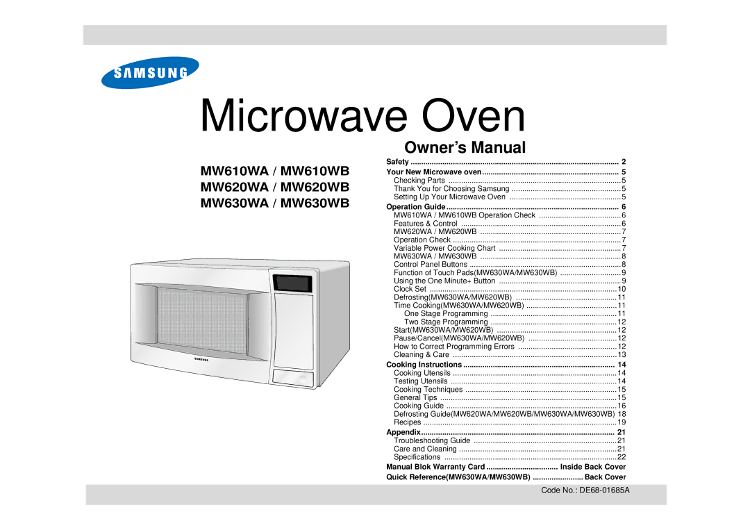 Samsung MW630WB, MW610WB, MW620WB, DE68-01685A owner manual Microwave Oven 