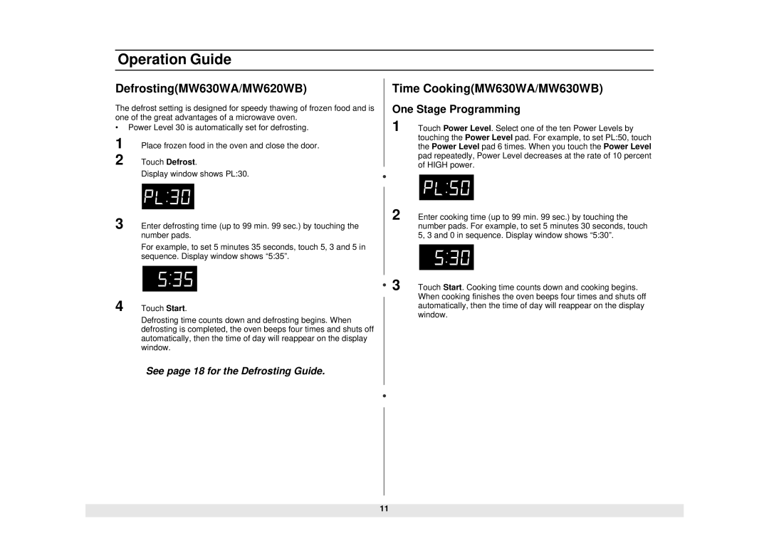 Samsung DE68-01685A, MW610WB owner manual DefrostingMW630WA/MW620WB, Time CookingMW630WA/MW630WB, One Stage Programming 