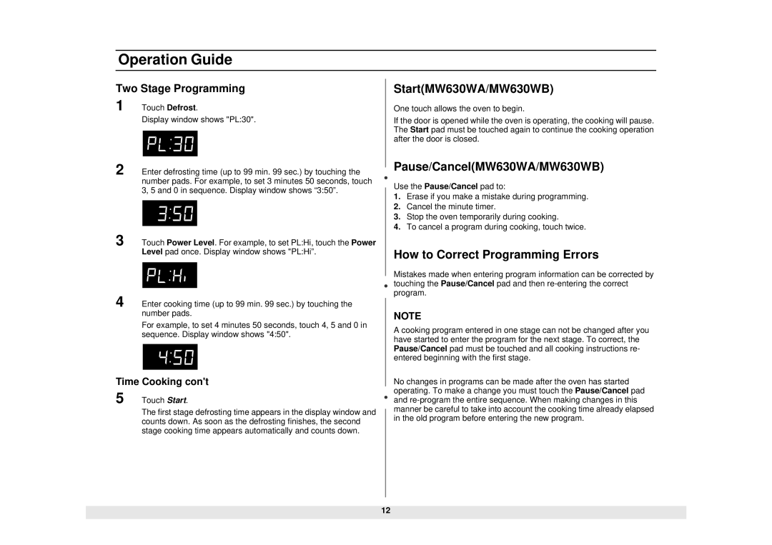 Samsung MW610WB, MW620WB, DE68-01685A StartMW630WA/MW630WB, Pause/CancelMW630WA/MW630WB, How to Correct Programming Errors 