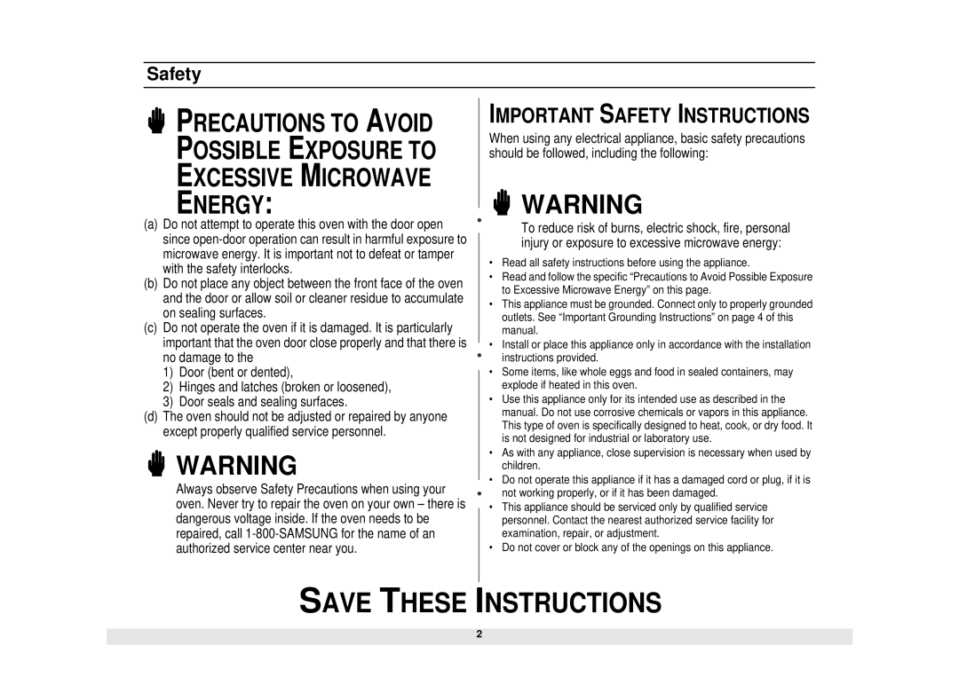 Samsung MW620WB, MW610WB, MW630WB, DE68-01685A owner manual Important Safety Instructions 