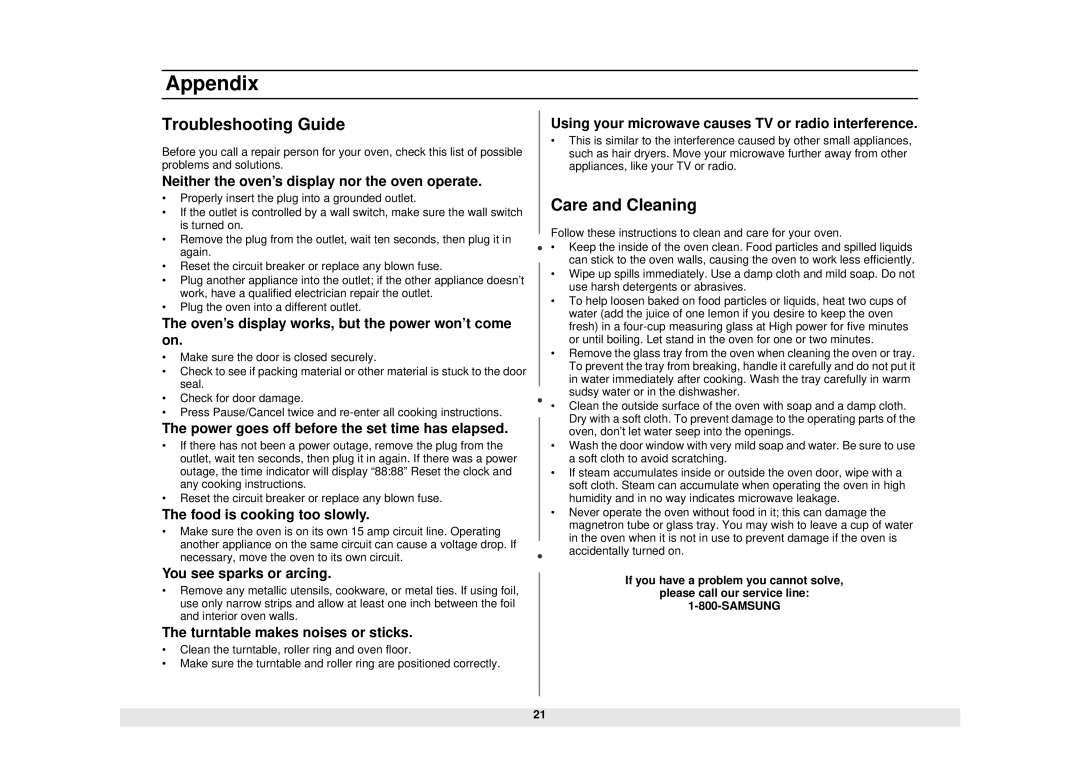 Samsung MW630WB, MW610WB, MW620WB, DE68-01685A owner manual Appendix, Troubleshooting Guide, Care and Cleaning 