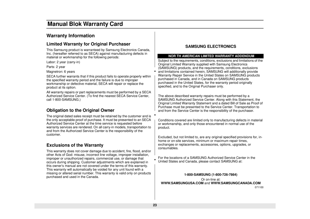 Samsung DE68-01685A, MW610WB Manual Blok Warranty Card, Warranty Information, Limited Warranty for Original Purchaser 