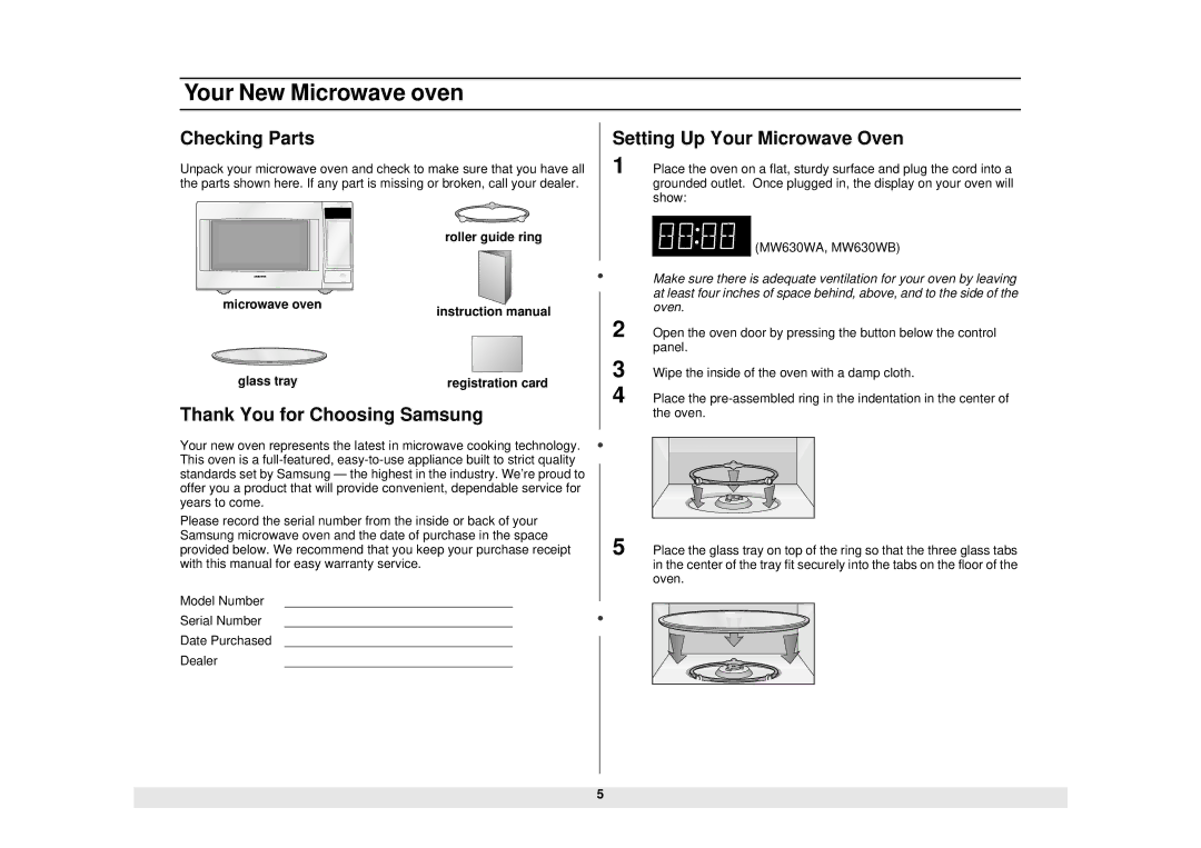 Samsung MW630WB Your New Microwave oven, Checking Parts, Setting Up Your Microwave Oven, Thank You for Choosing Samsung 