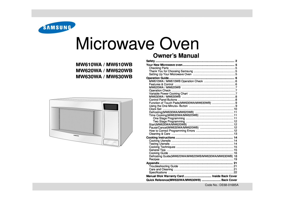 Samsung owner manual MW610WA / MW610WB MW620WA / MW620WB MW630WA / MW630WB, Microwave Oven, Owner’s Manual, Back Cover 