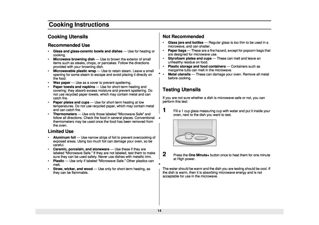 Samsung MW620WB Cooking Instructions, Cooking Utensils, Testing Utensils, Recommended Use, Limited Use, Not Recommended 