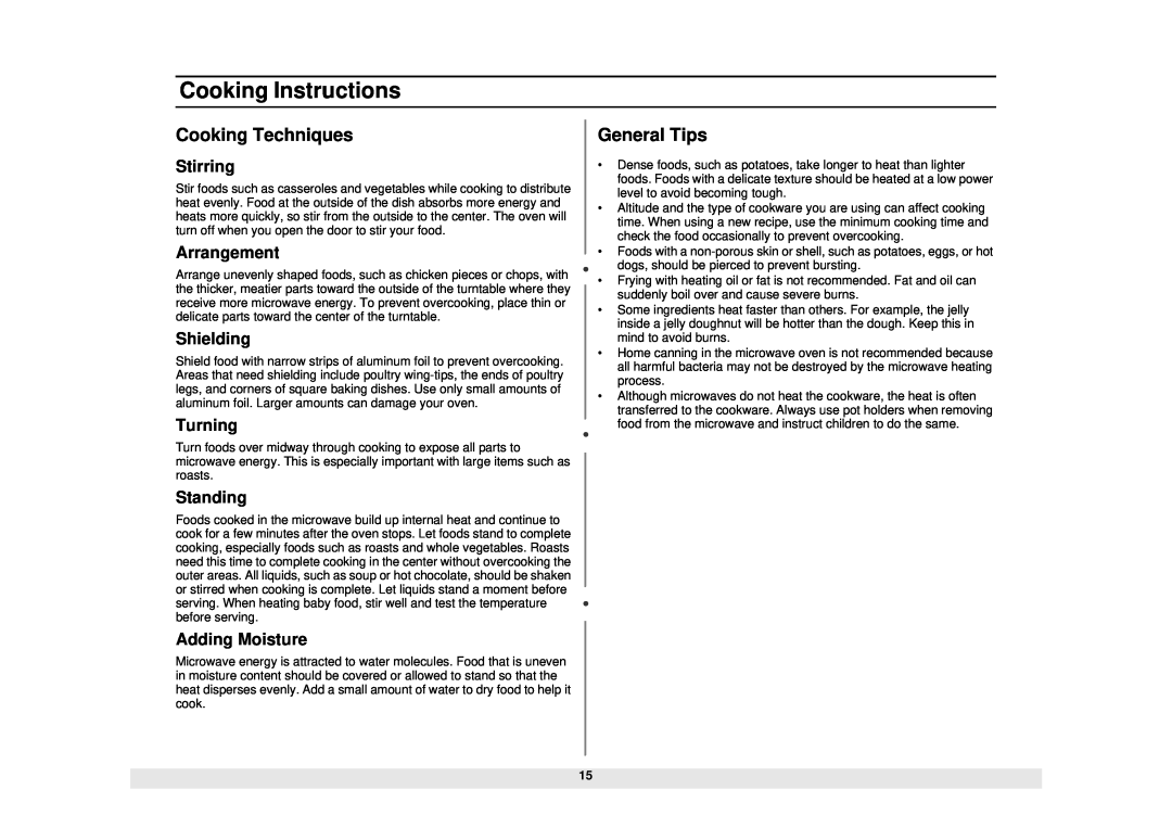 Samsung DE68-01685A Cooking Techniques, General Tips, Stirring, Arrangement, Shielding, Turning, Standing, Adding Moisture 
