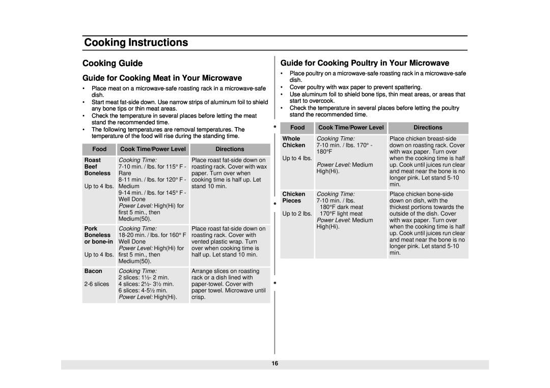 Samsung MW610WB Cooking Guide, Guide for Cooking Meat in Your Microwave, Guide for Cooking Poultry in Your Microwave 