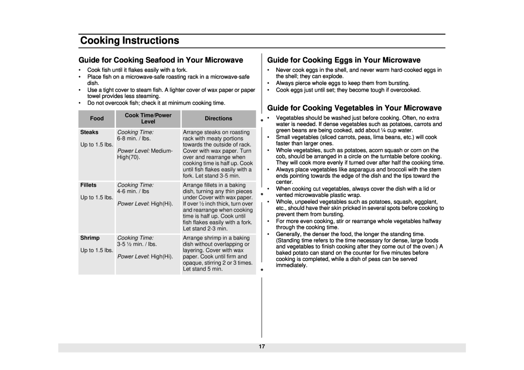 Samsung MW630WB, MW610WB, MW620WB Guide for Cooking Seafood in Your Microwave, Guide for Cooking Eggs in Your Microwave 