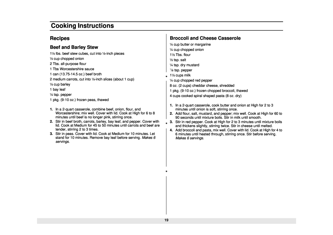 Samsung DE68-01685A, MW610WB, MW630WB Recipes, Beef and Barley Stew, Broccoli and Cheese Casserole, Cooking Instructions 