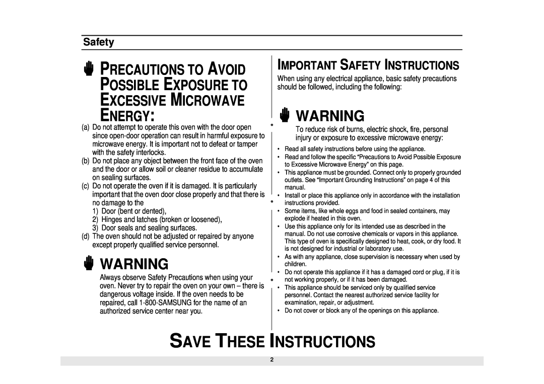 Samsung MW620WB, MW610WB, MW630WB, DE68-01685A owner manual Save These Instructions, Important Safety Instructions 