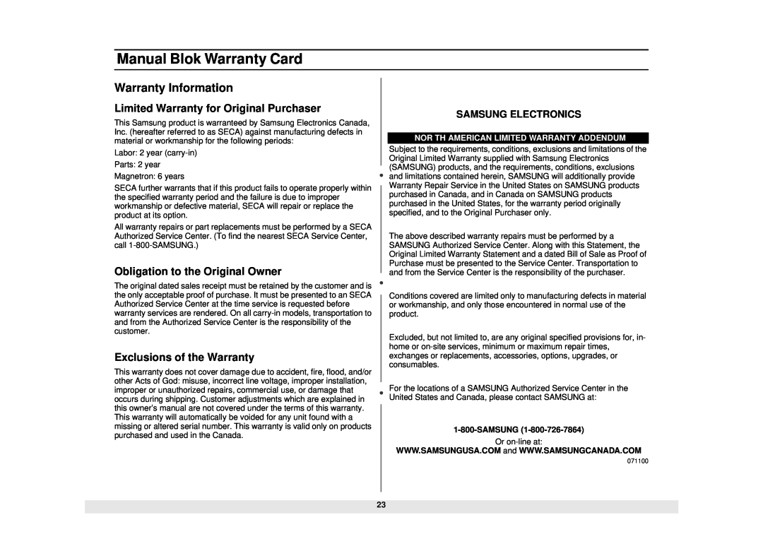 Samsung DE68-01685A Manual Blok Warranty Card, Warranty Information, Limited Warranty for Original Purchaser, Samsung 