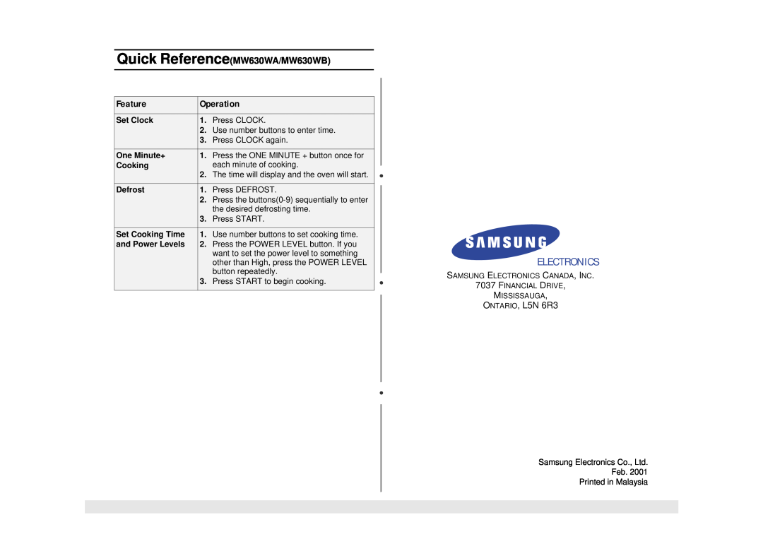 Samsung MW620WB Electronics, Feature, Operation, Quick ReferenceMW630WA/MW630WB, ONTARIO, L5N 6R3, Set Clock, One Minute+ 