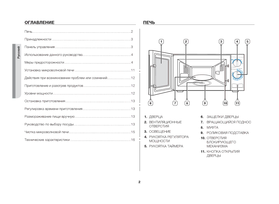 Samsung MW61FR/BWT manual Оглавление, Печь 