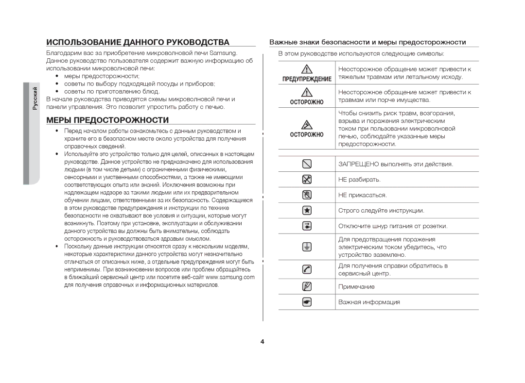 Samsung MW61FR/BWT manual Использование данного руководства, Меры предосторожности 