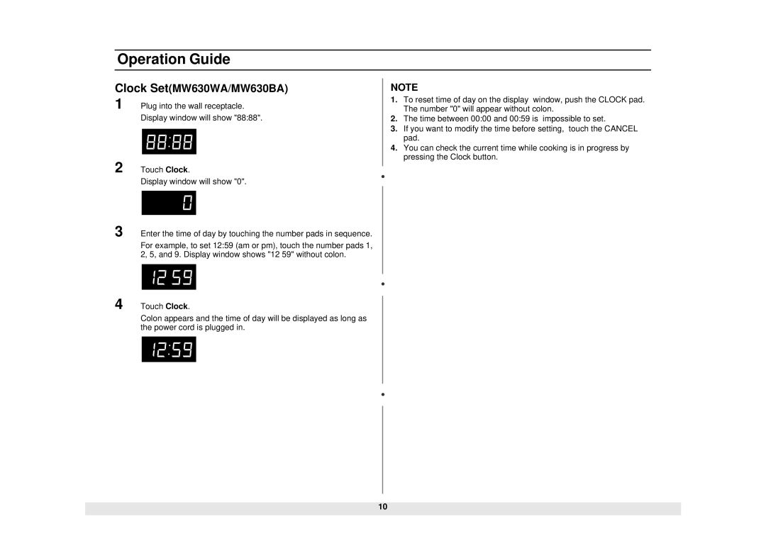 Samsung MW630WA/KON manual Clock SetMW630WA/MW630BA 