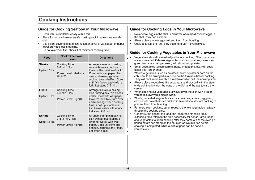 Samsung MW630WA/KON manual Guide for Cooking Seafood in Your Microwave, Guide for Cooking Eggs in Your Microwave 