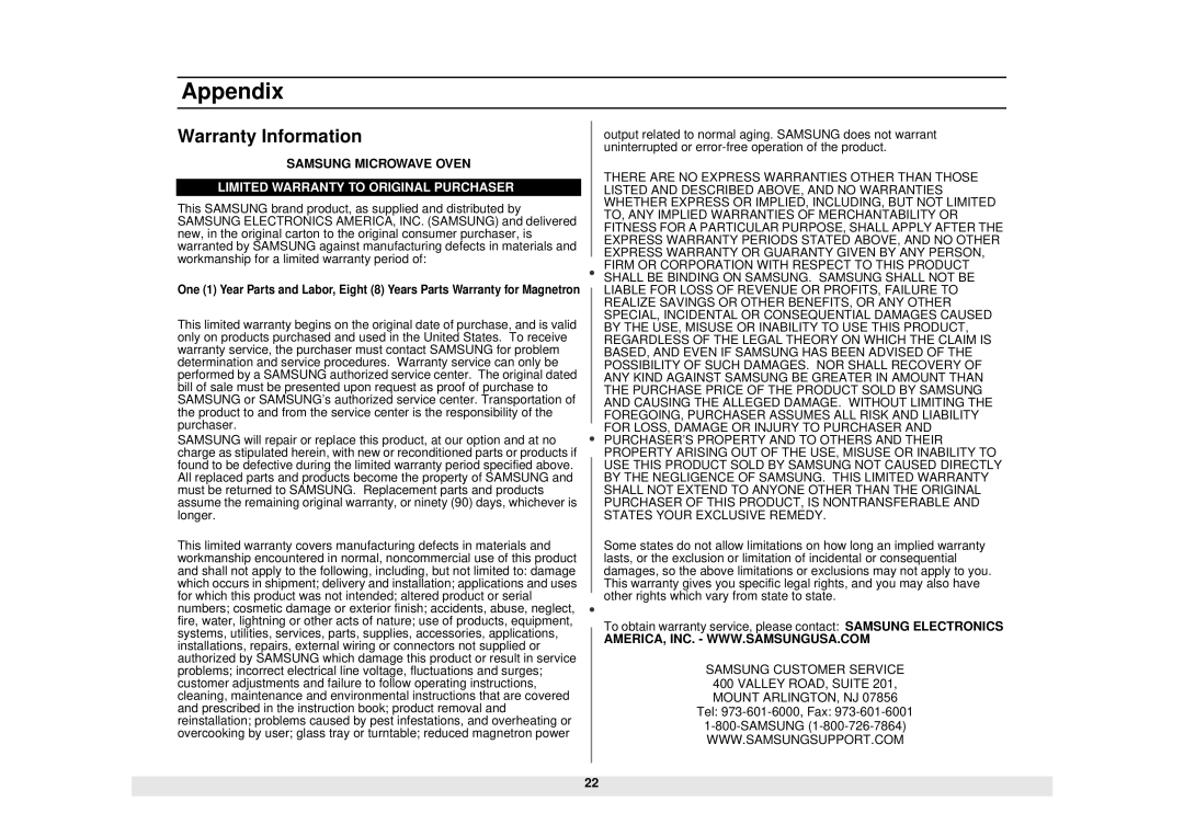 Samsung MW630WA/KON manual Warranty Information, Limited Warranty to Original Purchaser 