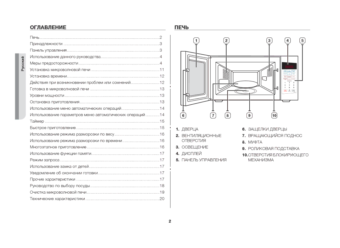 Samsung MW63FR/BWT manual Оглавление, Печь 