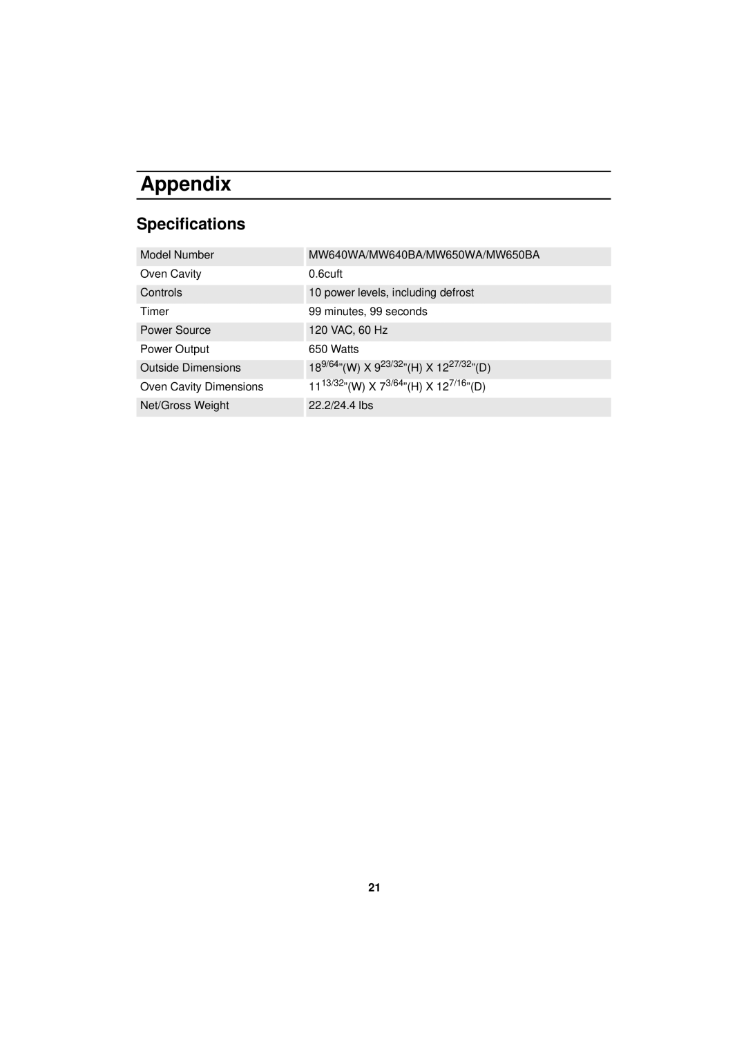 Samsung manual Specifications, MW640WA/MW640BA/MW650WA/MW650BA 