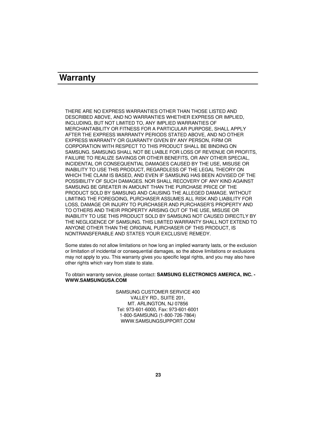 Samsung MW640WA, MW640BA, MW650WA, MW650BA manual Samsung Customer Service Valley RD., Suite MT. ARLINGTON, NJ 