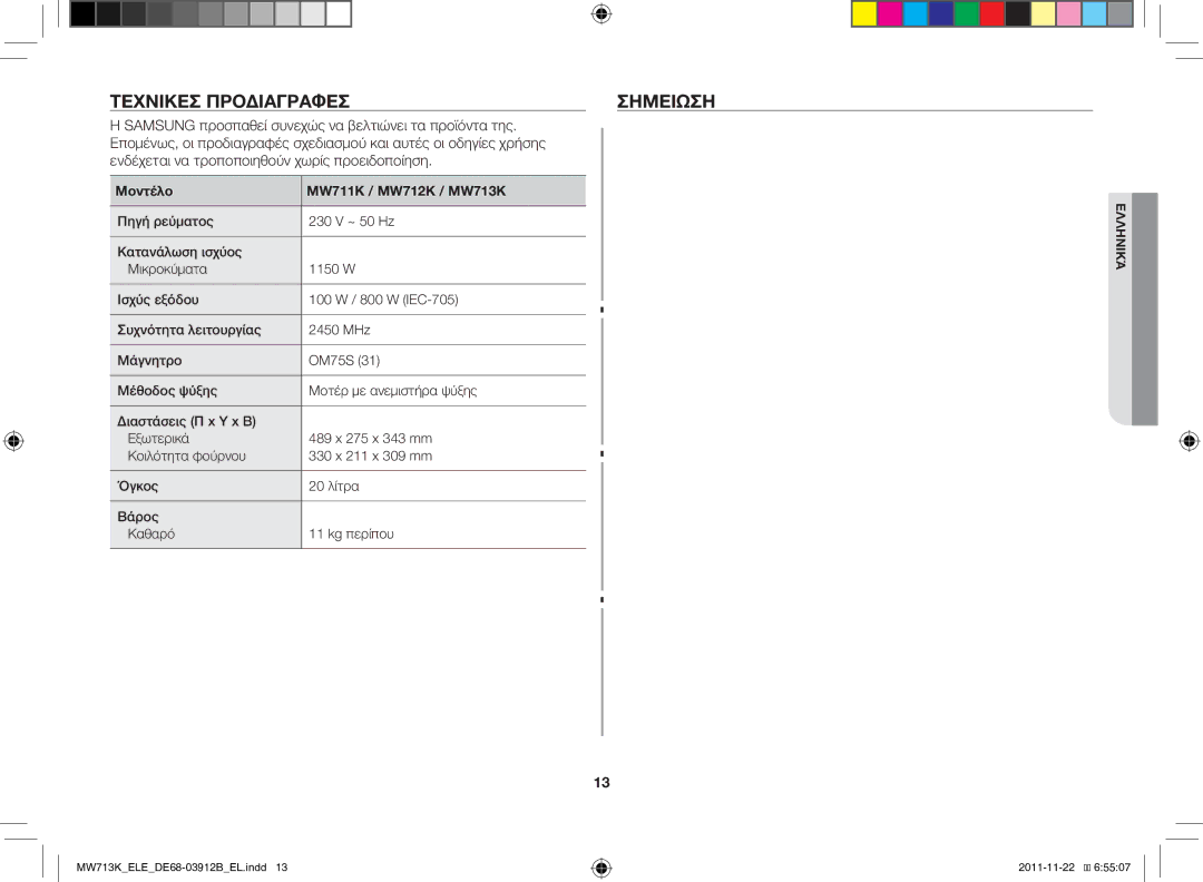 Samsung MW711K-S/ELE manual Τεχνικές προδιαγραφές Σημείωση, Μοντέλο MW711K / MW712K / MW713K 