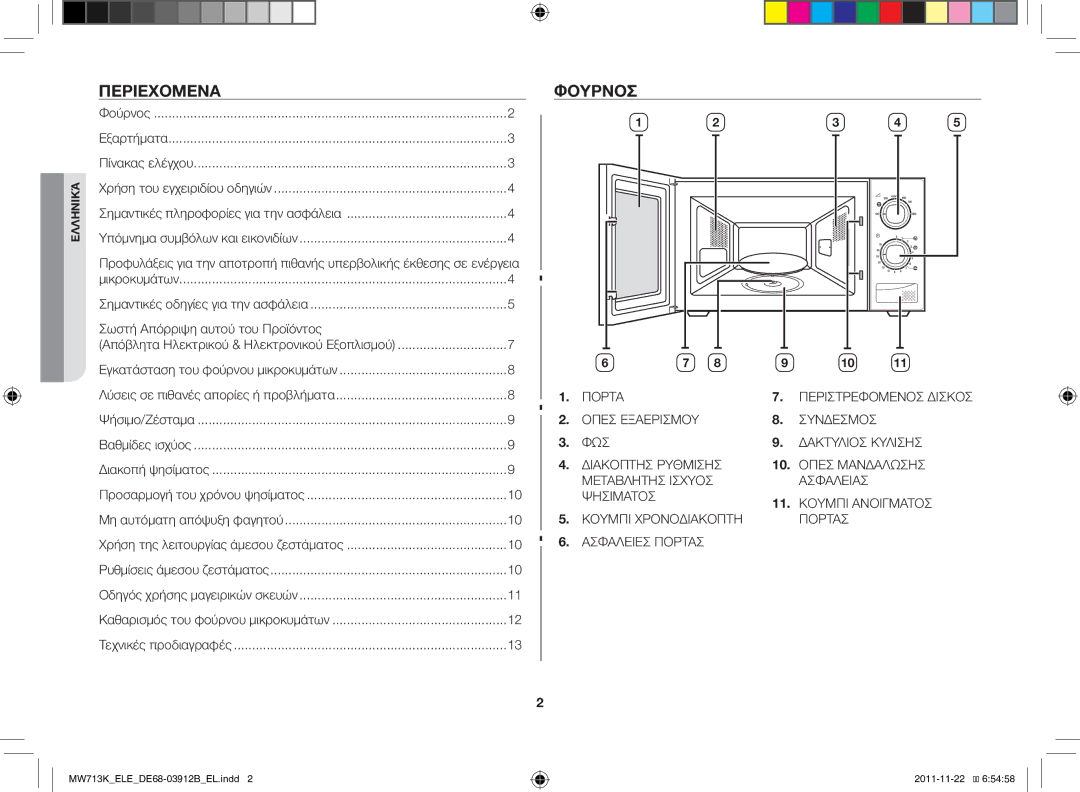 Samsung MW711K-S/ELE manual Περιεχόμενα, Φούρνος, Σωστή Απόρριψη αυτού του Προϊόντος 