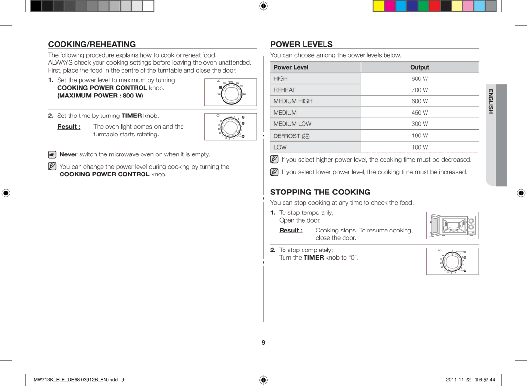 Samsung MW711K-S/ELE Cooking/Reheating, Power levels, Stopping the cooking, You can choose among the power levels below 