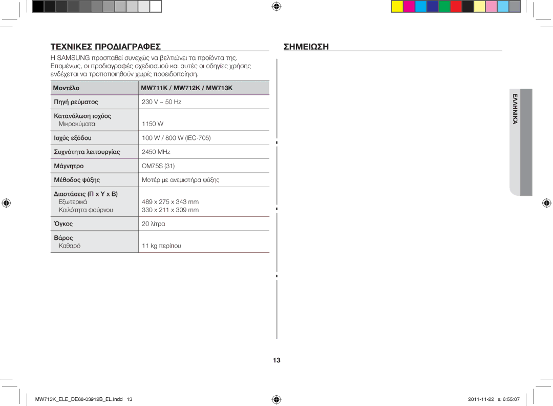 Samsung MW713K/ELE, MW711K/ELE, MW712K/BAL manual Τεχνικές προδιαγραφές Σημείωση, Μοντέλο MW711K / MW712K / MW713K 