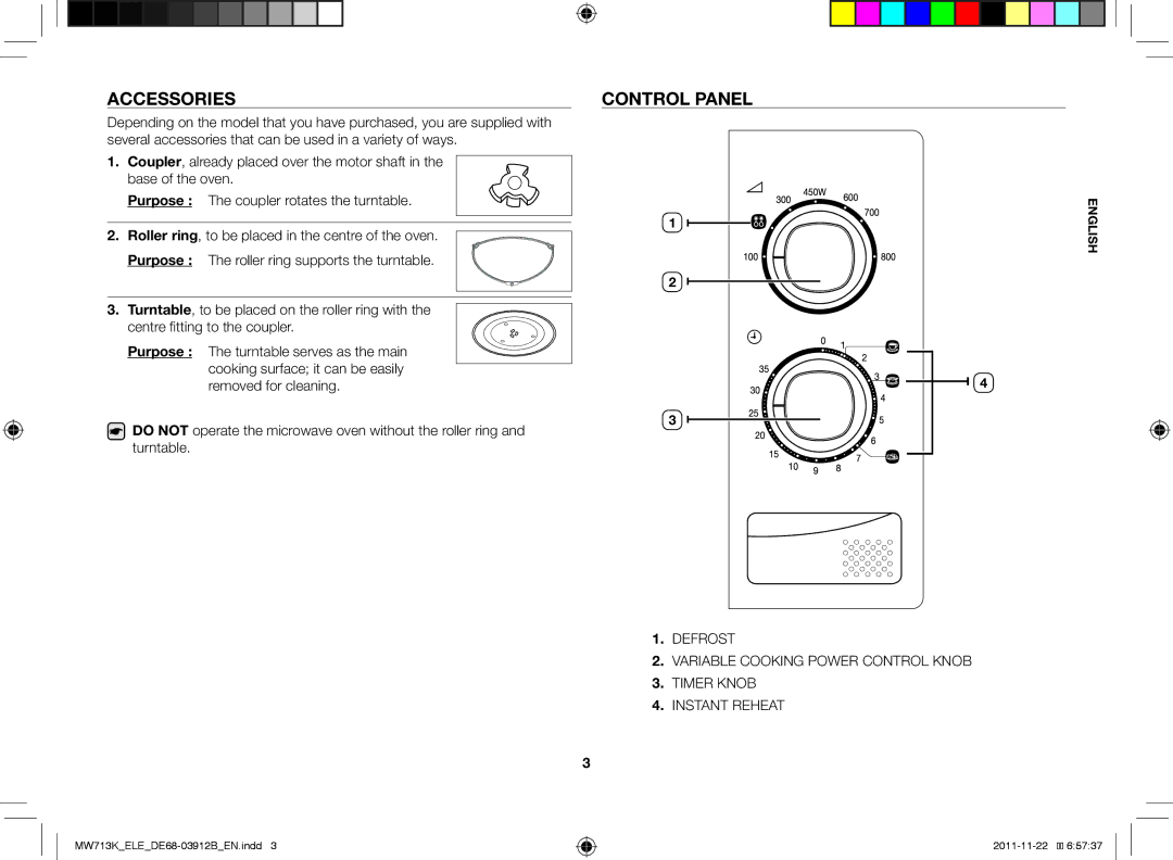 Samsung MW713K/ELE, MW711K/ELE, MW712K/BAL manual Accessories, Control panel 