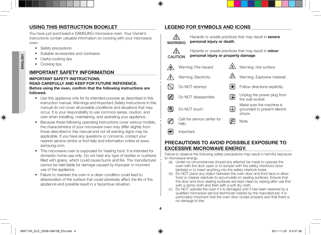 Samsung MW712K/BAL, MW711K/ELE, MW713K/ELE manual Using this instruction booklet, Important safety information 