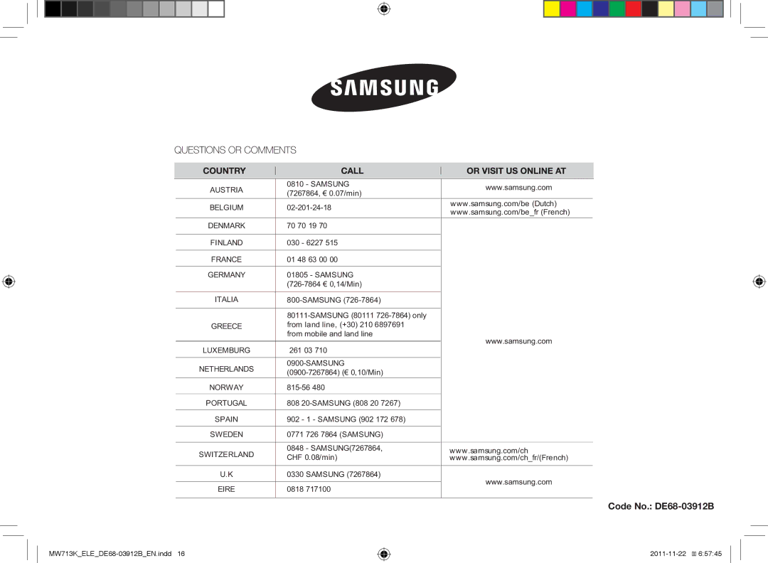 Samsung MW712K/BAL, MW711K/ELE, MW713K/ELE manual Code No. DE68-03912B 