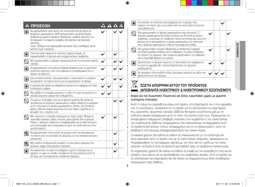 Samsung MW713K/ELE, MW711K/ELE, MW712K/BAL manual Προσοχη 