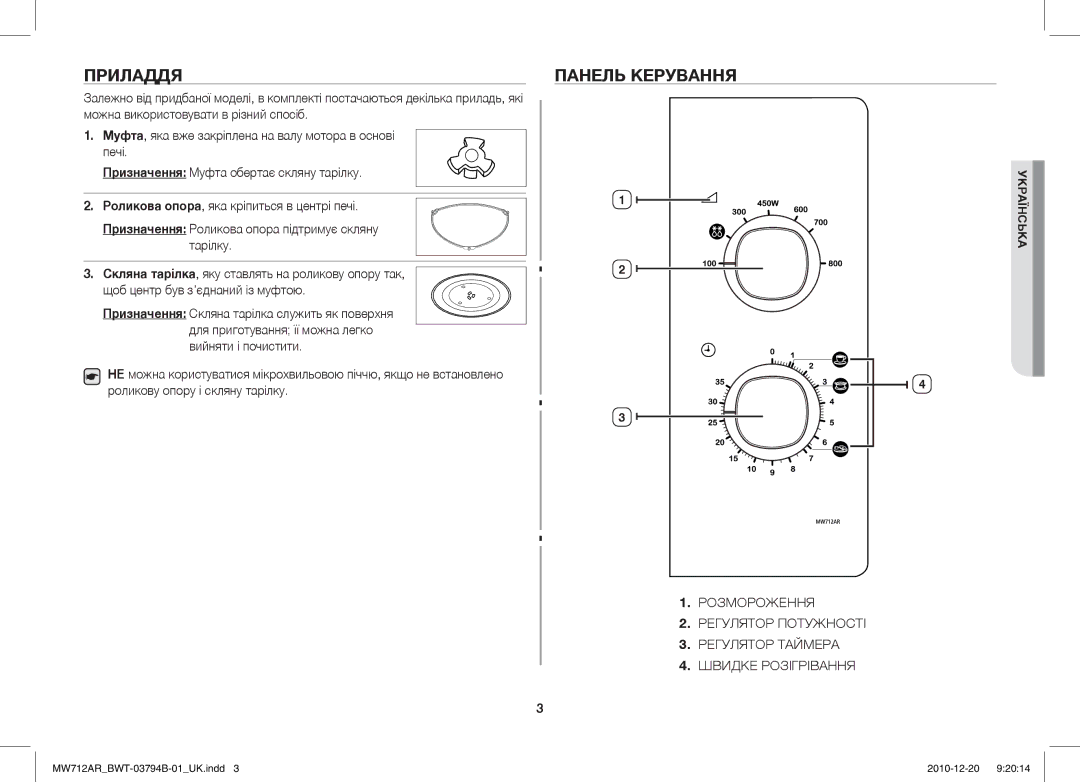 Samsung MW712AR/BWT manual Приладдя, Панель Керування 