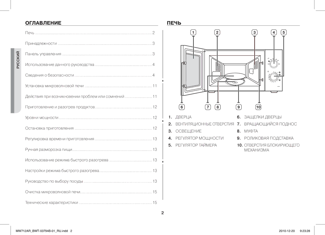 Samsung MW712AR/BWT manual Оглавление Печь, Русский 